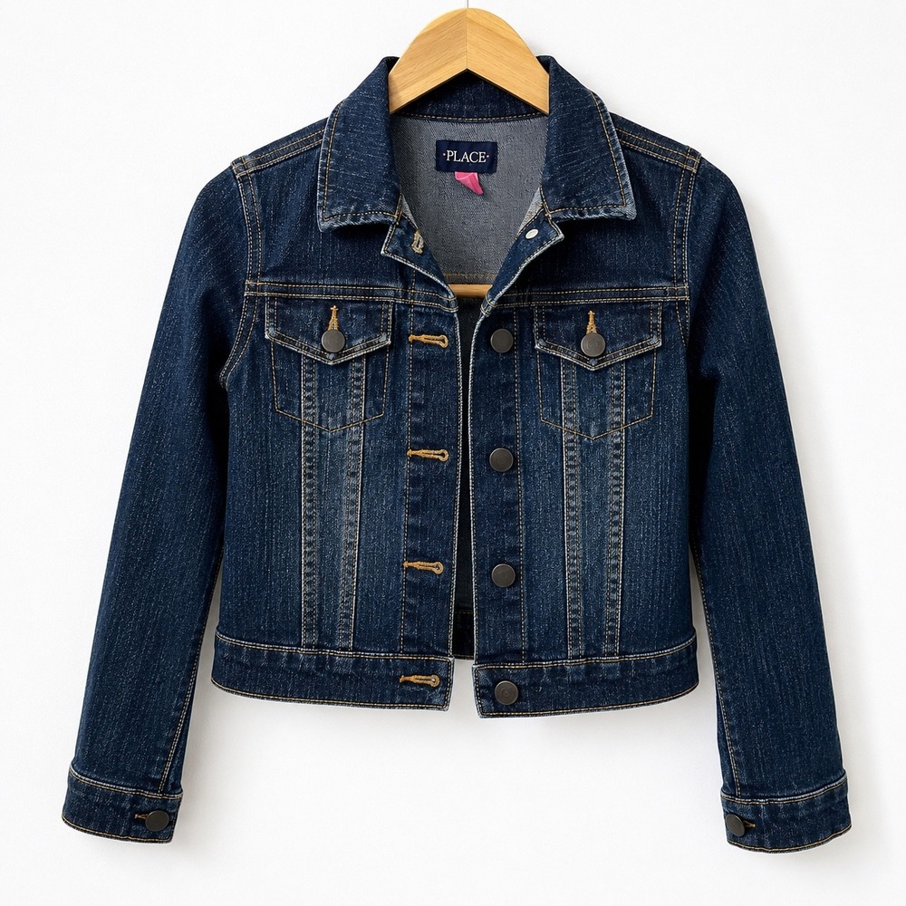 The Childrens Place Kids Denim Jacket Dark Wash Blue Trucker Size M 7/8 Stretch